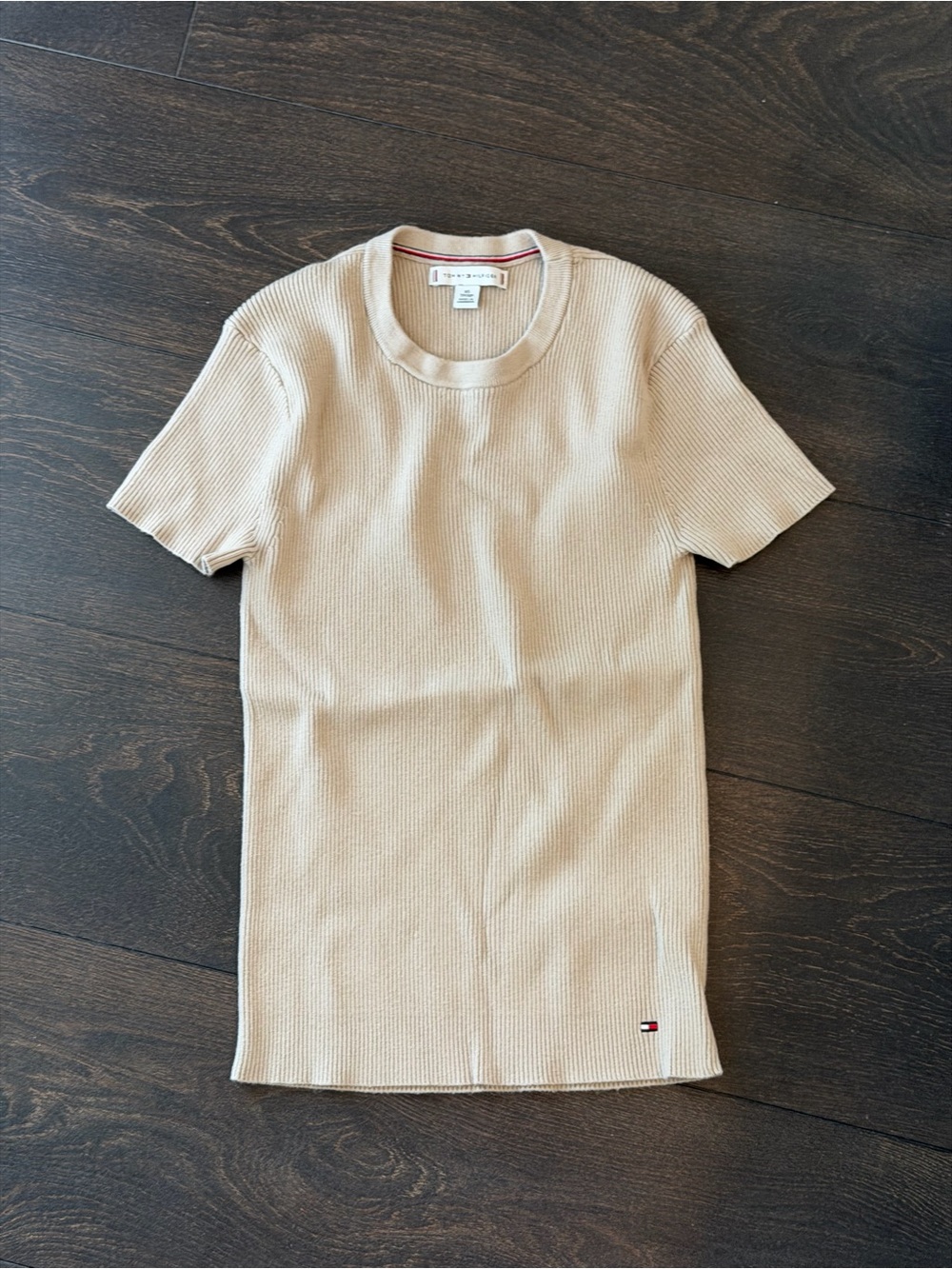 Tommy Hilfiger Neutral Beige Ribbed Short Sleeve Top